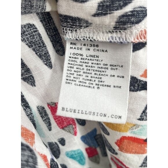 Blue Illusion Button Down Tunic Top Colorful Linen Sz Small Short Sleeve - Picture 6 of 7